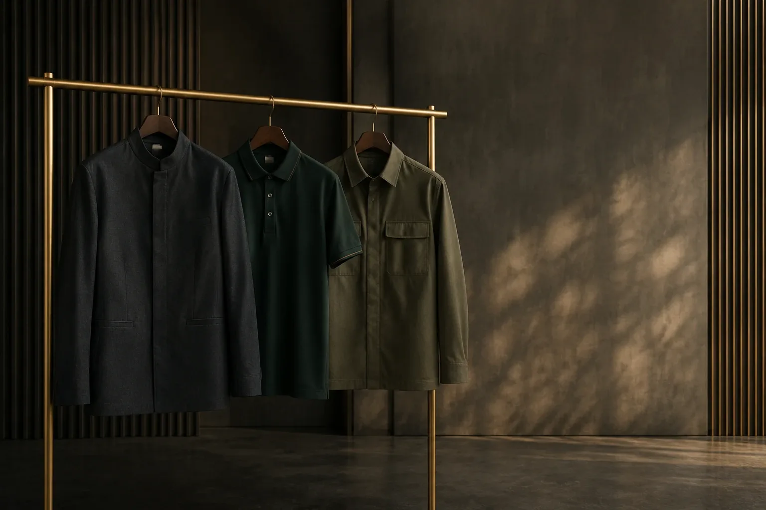 深灰服务夹克、墨绿 POLO 衫与工装衬衫的行业着装方向示意